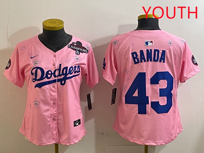 Youth Los Angeles Dodgers #43 Banda Pink White Blue Sakura Edition 2025 Nike MLB Jersey style 6->youth mlb jersey->Youth Jersey